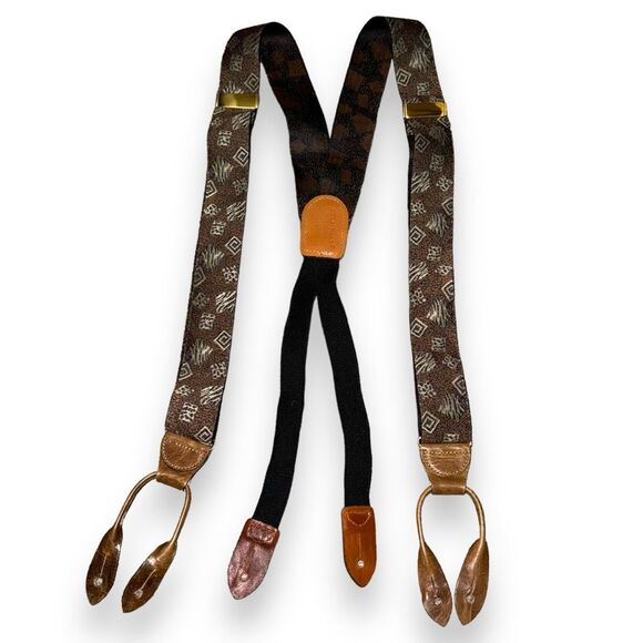 80s Cole Haan Brown Made in USA Leather and Silk Suspenders - Picture 1 of 7